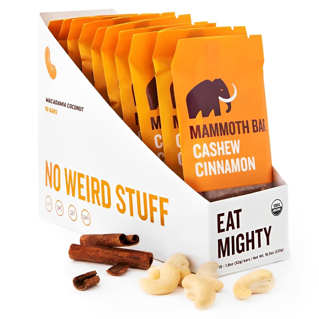 Cynamon Castew Bar- Organic, Paleo, Gluten Free and Raw by Mammoth Bar, 10- 12g Protein, 1.8 Oz. Bar (10 barów)...