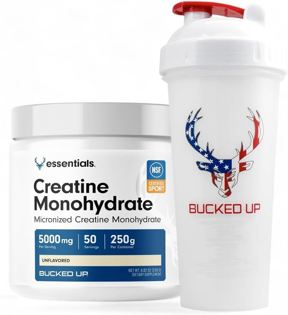 Bucked Up Creastine & Shaker Bundle - Mikronizowany proszek do kreacji (250g, 50 Servings) + 28oz Leak- Proof BPA- Free Butelka shaker do optymalnego mieszania