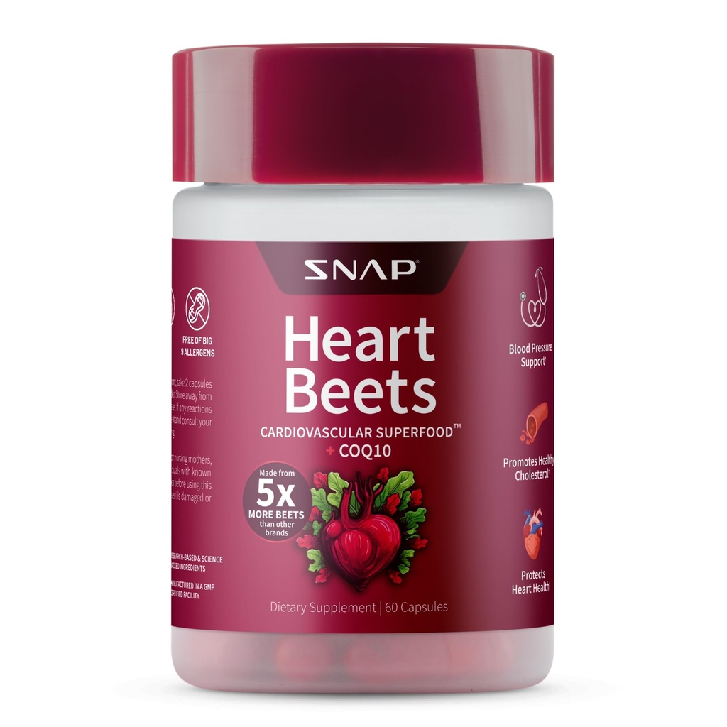Supplements Snap Heart Beets Kapsułki z CoQ10, Kardioviral Supplement Supplement for Men & Women, Superfood Made with 5X More Beets, Heart Health, Circulation & Cholesterol Supplement, 60 Kapsułki