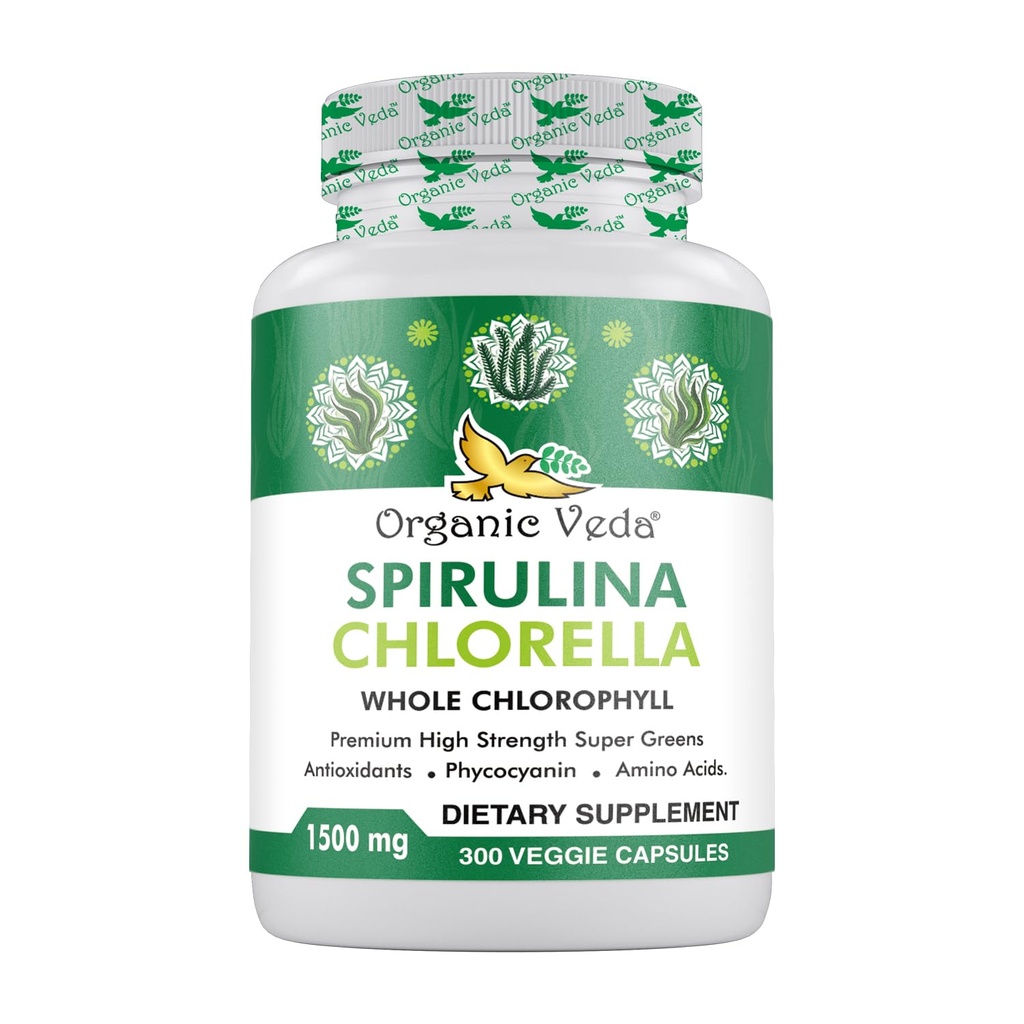 Organic Veda Spirulina & Chlorella Kapsułki, 1500mg, 300 Count - Spirulina Chlorella Kapsułki z Super Zielonych Przeciwutleniaczy, Phycocyanyin, Amino Acid - Boost Immunitet, Energia, Support Trawienie