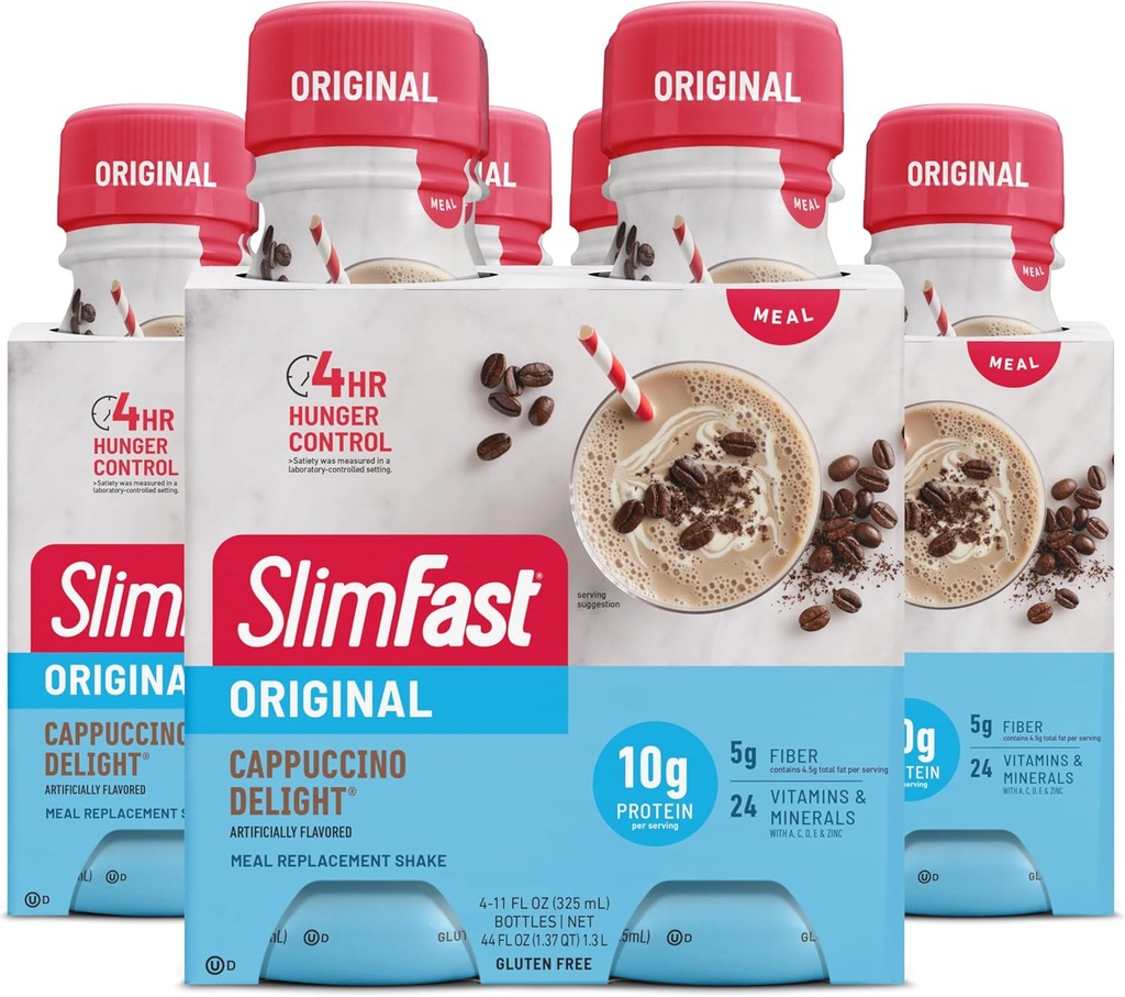 SlimFast Meal Replacement Shake, Oryginalny Cappuccino Delight, 10 g Gotowy do picia białka do utraty wagi, 11 Fl. Oz Butelka, 4 Hrabia (Packaging May Vary)