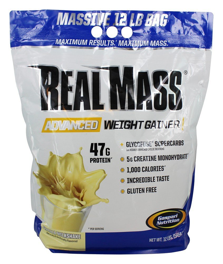 Gaspari Nutrition Real Mass: Advanced Weight Gainer, Protein and Complex Carb Blend, 50g Protein, 16g EAA, Gluten- Free, 12 funtów (Vanilla Milkshake)