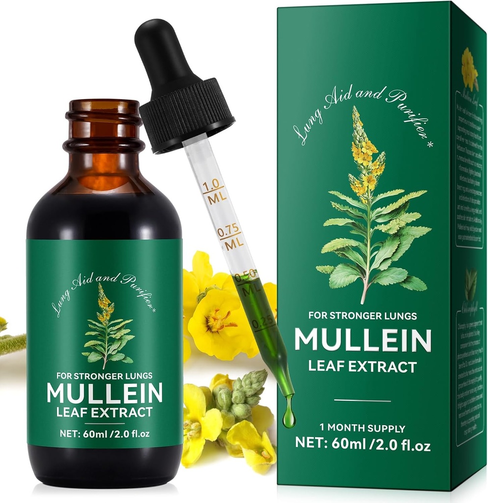 Ekstrakt Mullein Leaf, Mullein Drops for Lungs, Natural Cleanse, Mullein Leaf Liquid Extract Supplement, Wegetariański Zdrowy styl życia, 2 FL OZ