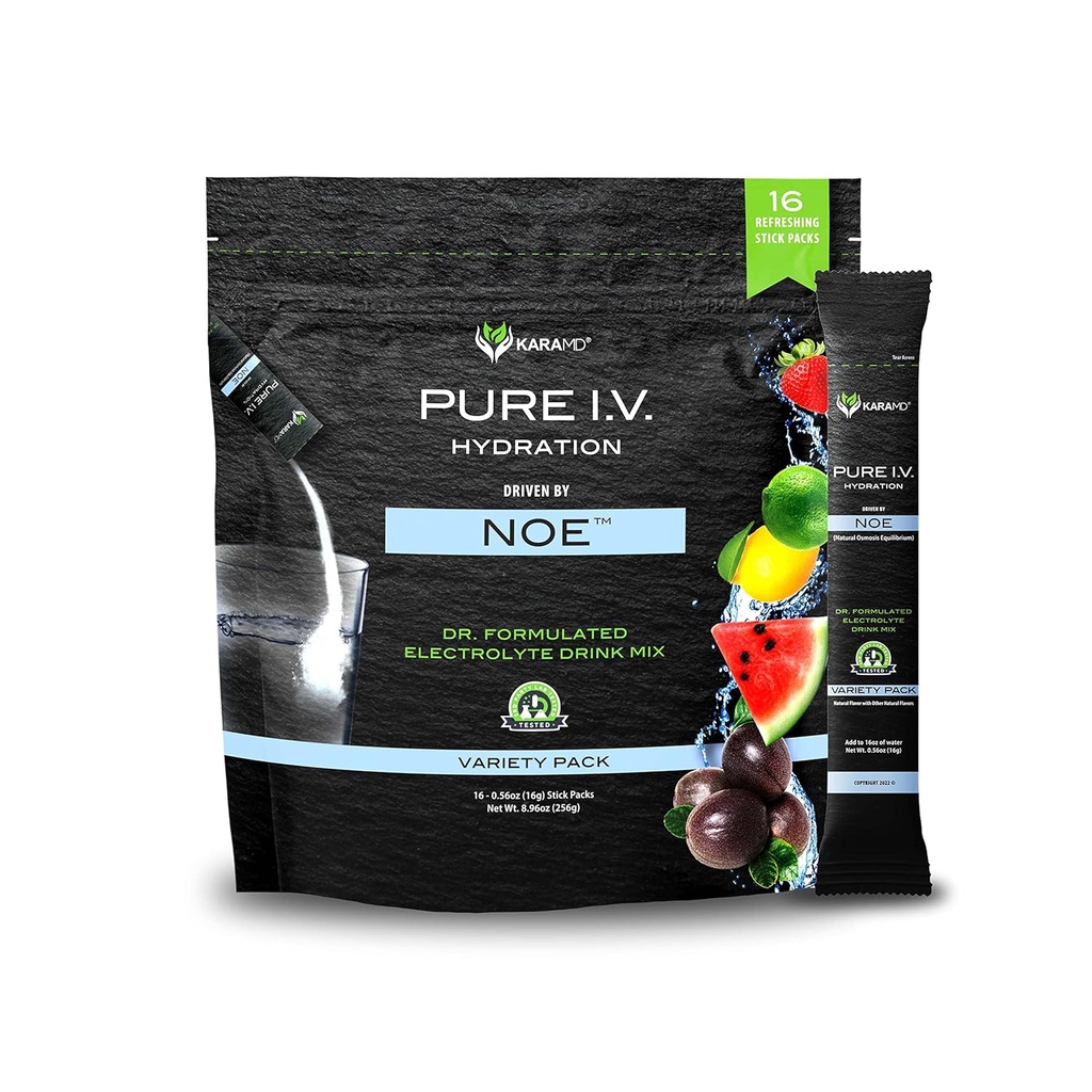 KaraMD Pure I.V. - Profesjonalnie przygotowane Electrolyte 4 Flavor Variety Powder Drink Mix - Odświeżające i pyszne pakiety nawilżające z witamin i minerałów - 4 Flavor Variety - 1 Torba (16 Sticks)