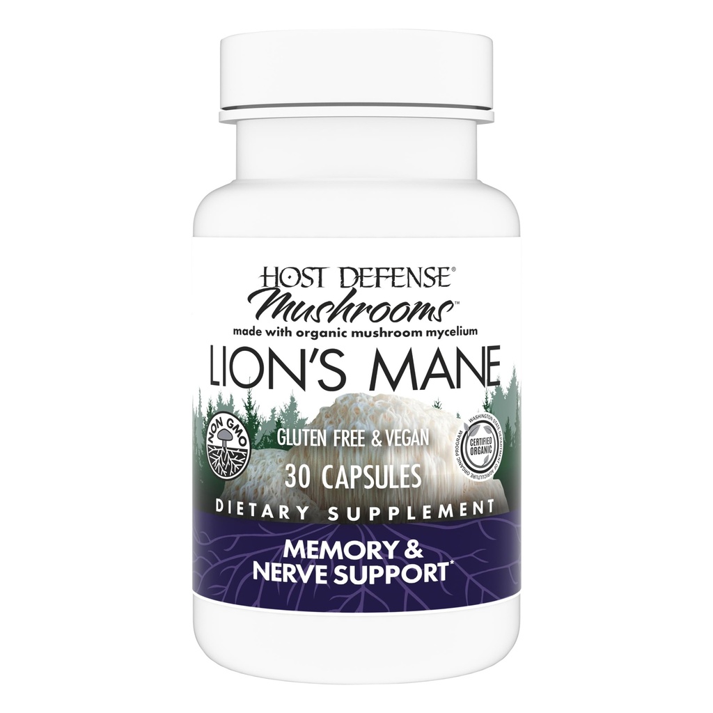 Host Defense Mushrooms Lion 's Mane - Suplement Kapsułki na wsparcie zdrowia mózgu - Mushroom Support for Focus & Memory Function - Immune & Nerwowy Suplement systemu - 30 Kapsułki (15 Sług) *