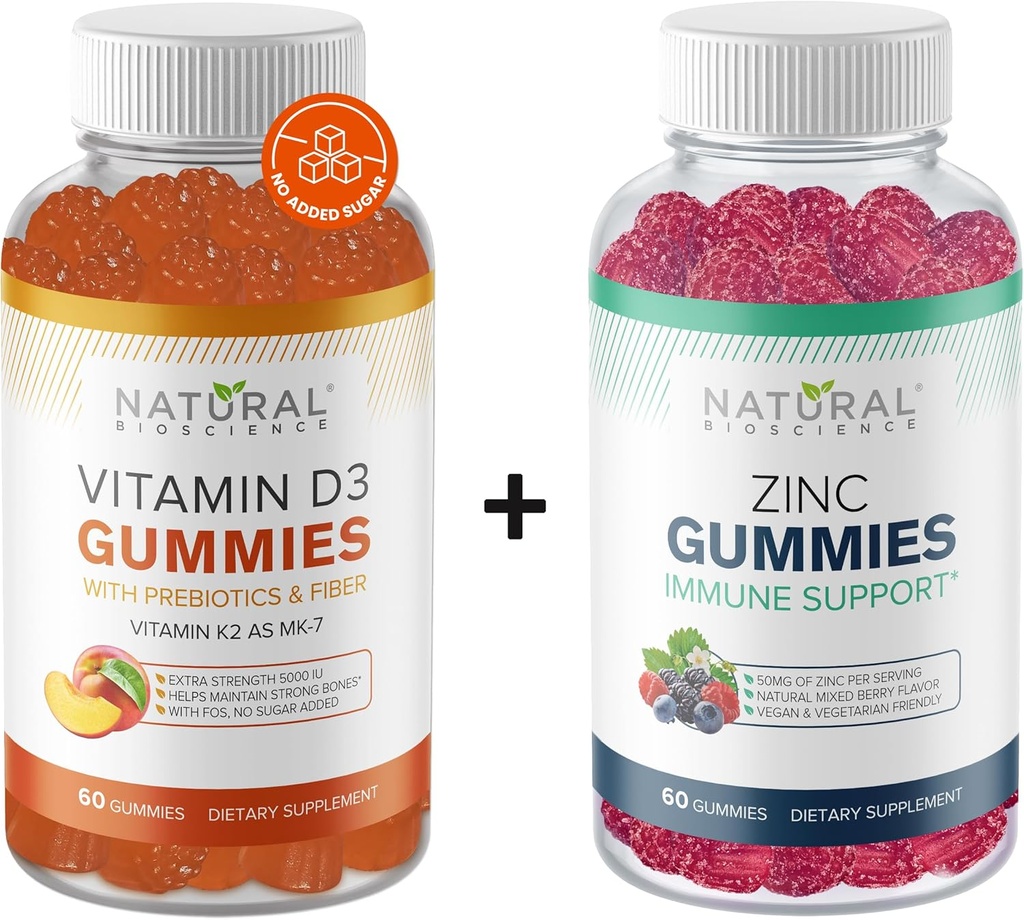 Natural BioScience Sugar Free Witamina D3 K2 Gummies 5000 IU & Cynk Gummies 50 mg, Dodatkowa siła, Immune Support, Bone Health, Heart Health, Skin Support, 60 Gummy Vitamin