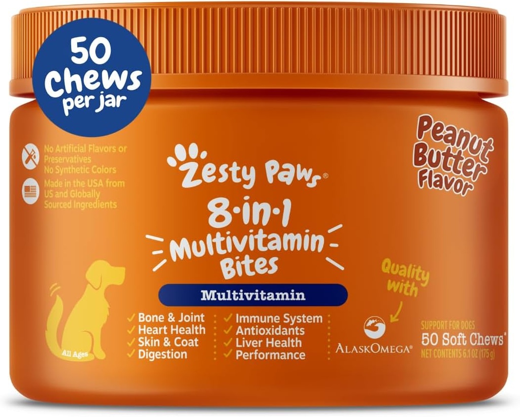 Zesty Paws Dog Multivitamin, Witaminy do żucia psa i suplementy do Hip & Joints, Skóra & Coat, Omega 3 Olej rybny dla Dogs- Senior & Puppy Multivitamin- Peanut Butter- 50ct