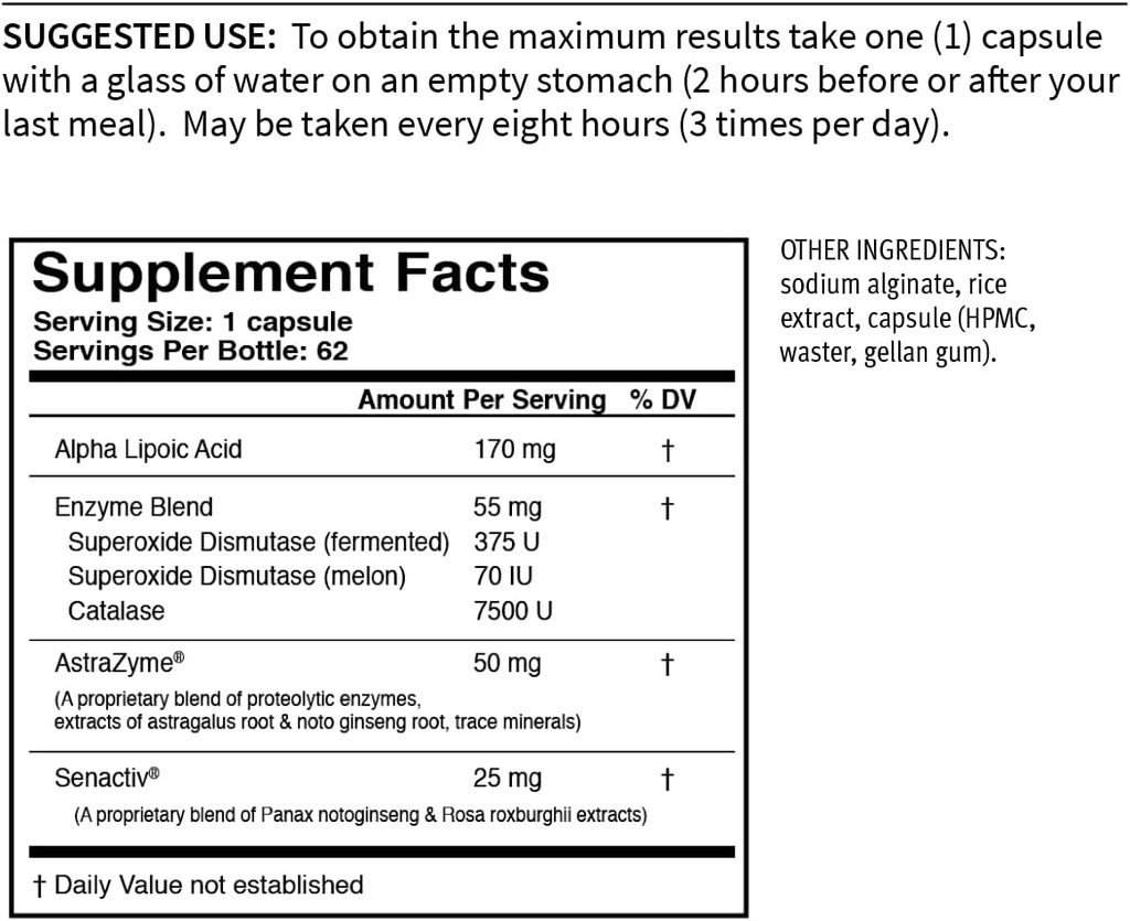 USAEnzymes YOUTHXYM 62 Opóźnione uwolnienie Kapsułki wegetariańskie, Suplement enzymatyczny przeciwutleniaczy. 170mg kwasu lipoinowego alfa (ALA) + 50mg AstraZyme do zwiększenia trawienia białka.