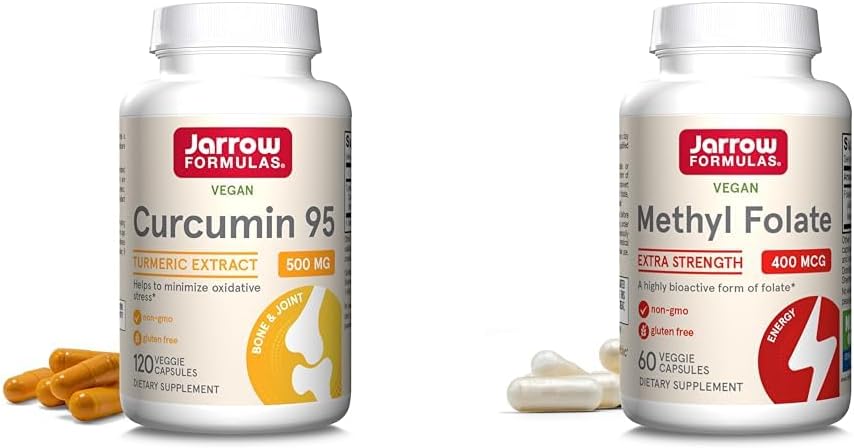 Jarrow Fixas Curcumin 95 500 mg i Methyl Folate 400mcg Przeciwutleniacz i Cardioviral Health Supplement Dietetic Bundle, 120 i 60 Veggie kapsułki