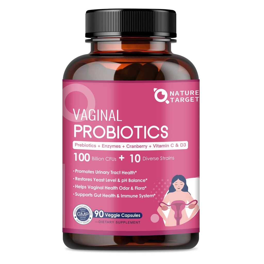 NATURA DOCELOWE Probiotyki kobiece waginalne, 100 Miliard CFU Probiotyki i Prebiotyki z Enzymów Digestive, Żurawiny i D- Mannoza - Wspiera pH Równowaga, Odor & Urynary Tract Health - 90 Kapsułki