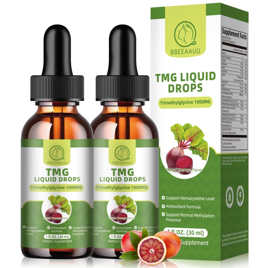 TMG Suplementy 1000MG - Trimetyloglicyna Krople płynne, Betaina Wysoka Wchłanianie, Wspiera Metylację, Wellness Wątroba & Cognitive, Non-GMO, Wegan, Blood Orange Flavor, 1 Fl.Oz (2 opakowania)