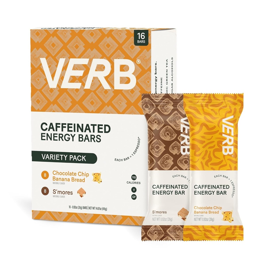 Verb kofeinowane batoniki energetyczne Variety Pack - 2 pyszne smaki (26g, Pack of 16) 110- Calorie pyszne Low Sugar Energy Bar, Wegan & Gluten Free On- Go Snack z 80mg zielonej herbaty Kofeina