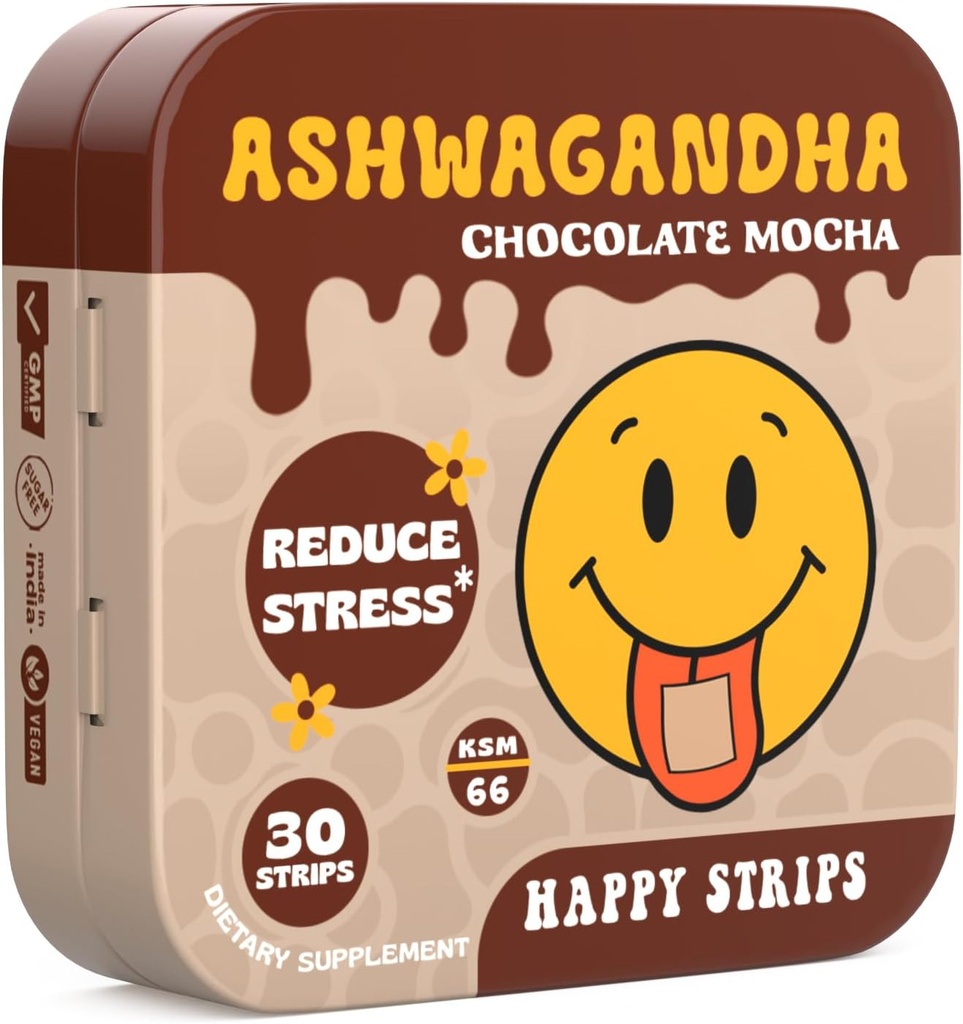 Happy Strips Organic Ashwagandha KSM 66 & GABA dla ulgi stresowej, Calmness, Sen - Szybkie aktorstwo i rozpuszczanie Rapid-, Chocolate Mocha Flavored, Organic, Wegan, Sugar- Free 30 Count
