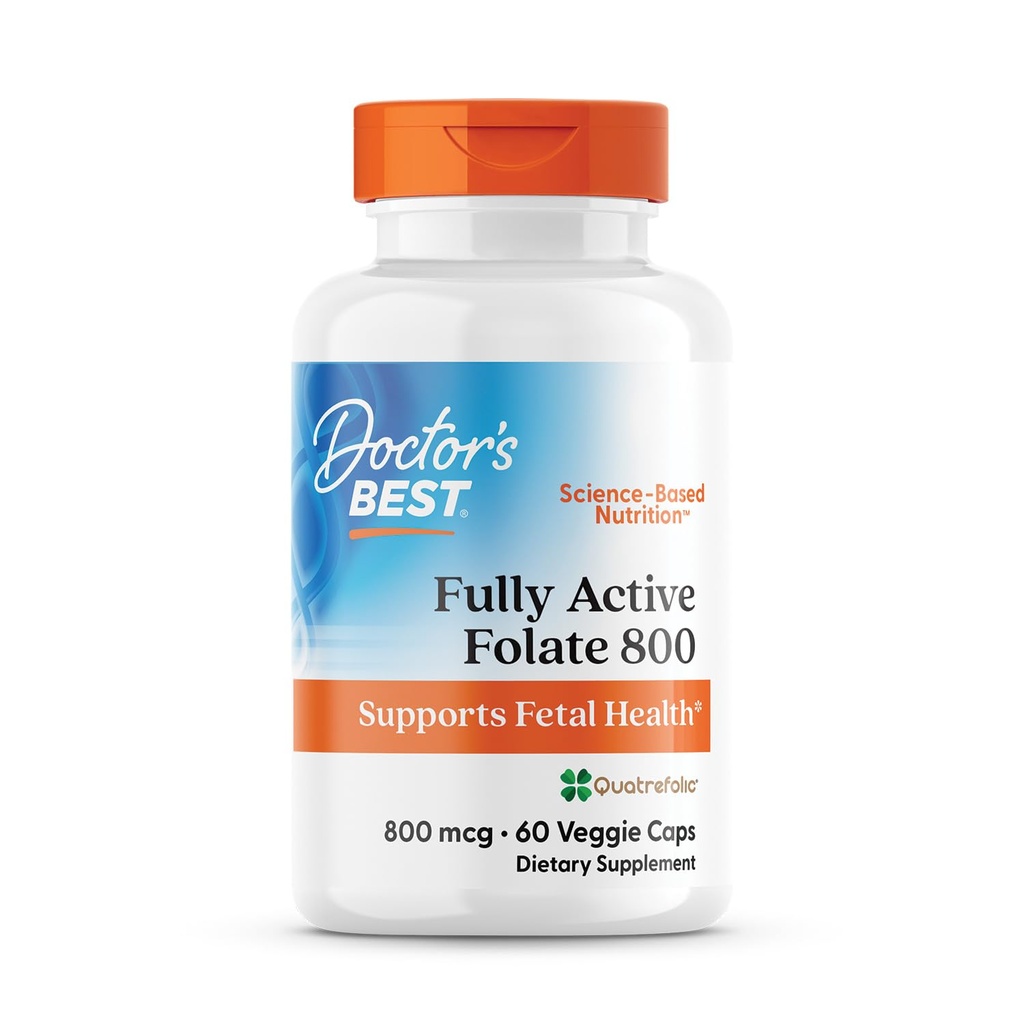 Lekarze Best Full Active Folate 800 z Quatrefluc, Wspiera zdrowie płodu, Non-GMO, Gluten Free, Wegan 60 Veggie Czapki