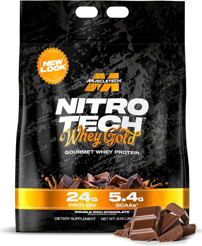 Muscletech Chey Protein Powder (podwójna bogata czekolada, 8LB) - Nitro- Tech Whey Protein Isolate Smoothie Mix for Lean Muscle & Recovery - 24 g białka serwatki Gold dla kobiet i mężczyzn - Packaging May Vary