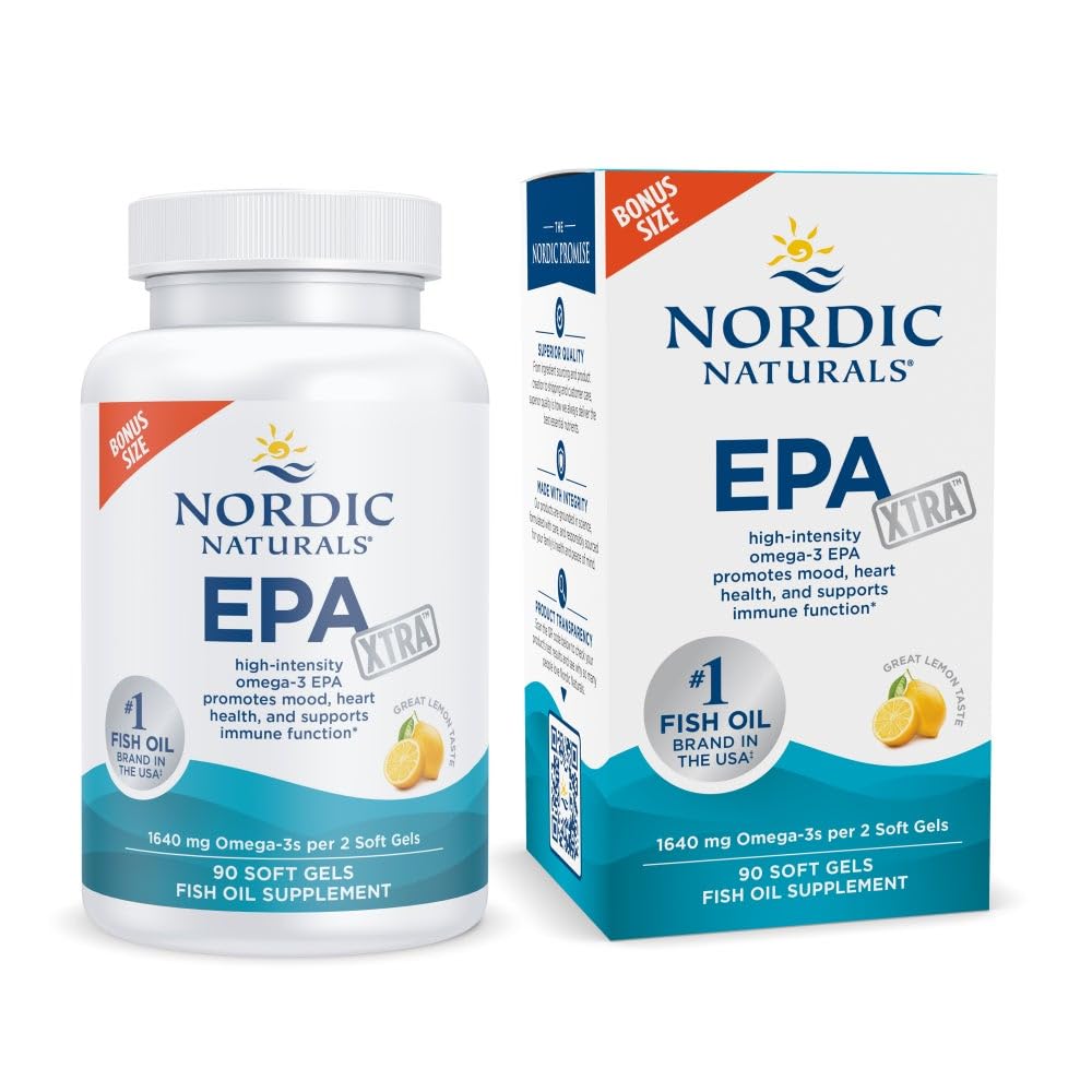 Nordic Naturals EPA Xtra, Lemon - 90 Soft Gels - 1640 mg Omega-3 - Wysoka Intensywność EPA Formuła dla pozytywnych nastrojów, Heart Health & Healthy Immunity - Non-GMO - 45 Służenie