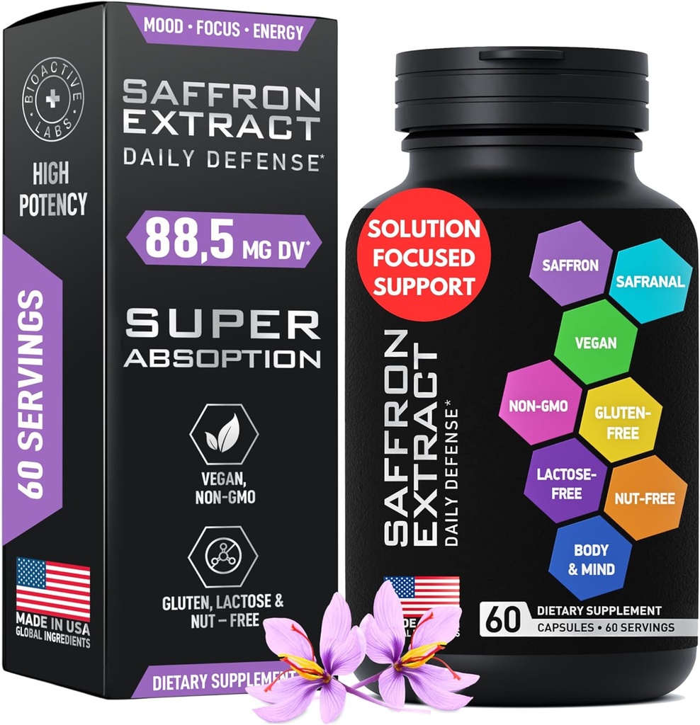 Zoptymalizowane suplementy szafranowe - 88,5 mg Ekstrakt Pure Saffron dla Mood Support, Focus, Energy - Plus Crocin, Crocetin, Kaempferol - Gluten- Free, Non-GMO - 1- a- Day 60 Kapsułki