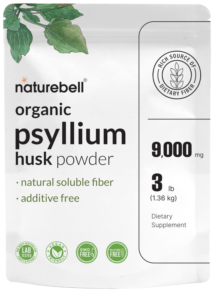 NatureBell Psyllium Husk Fiber Supplement, 9,000mg Per Serving, 3lb (48oz) Proszek Pigment 124; Organiczny rozpuszczalny Fiber dla Digestive & Gut Health Department 124; Plant-based, Unflavored, Non-GMO, Gluten- Free