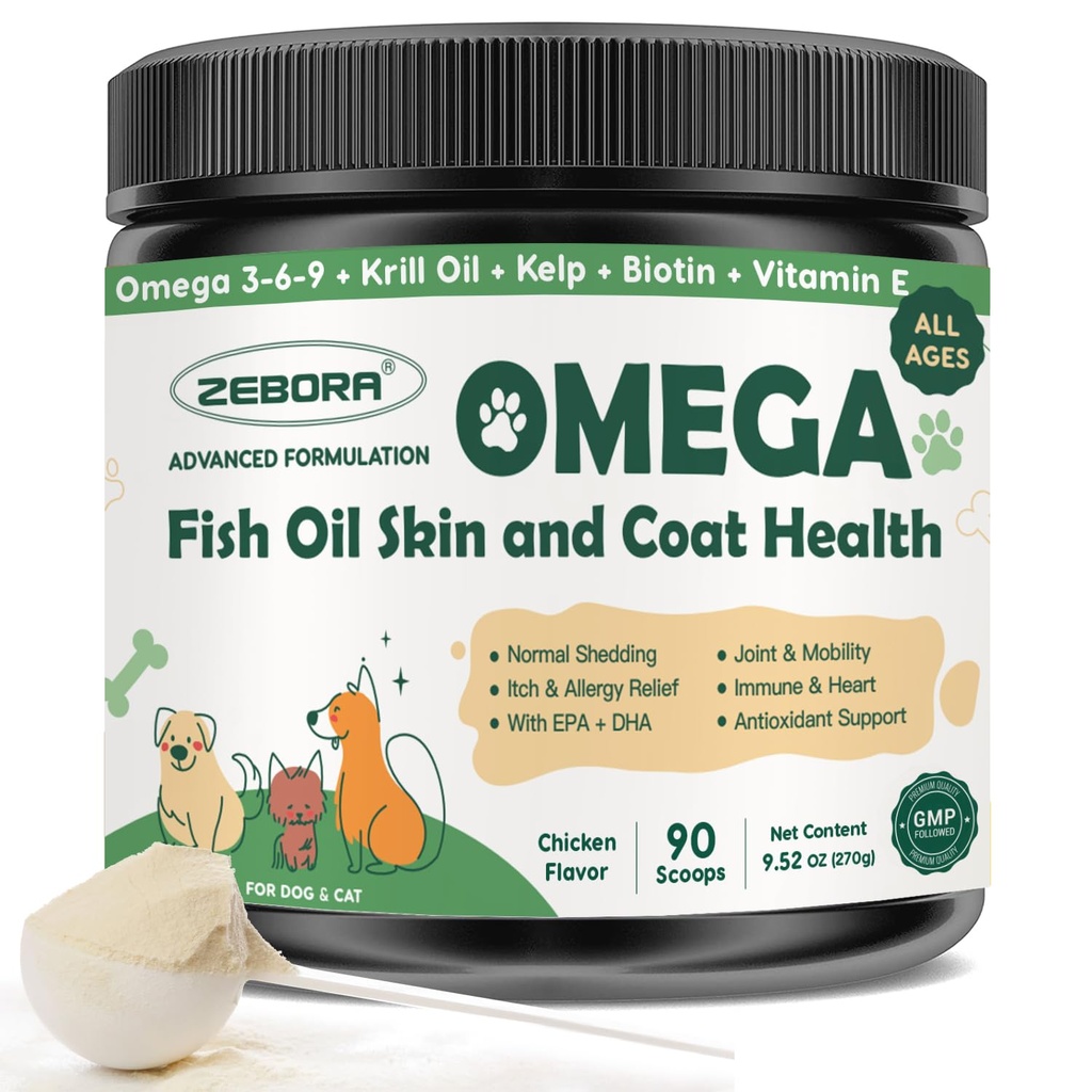 ZeBORA Omega 3 Olej rybny dla psów, olej rybny z dzikiego połowu, EPA & DHA, olej z kryla, Kelp, Skin and Coat Supplement, Anti Itch & Shedding, Suchy skóry, Joint Health, Dog Allergy Relief