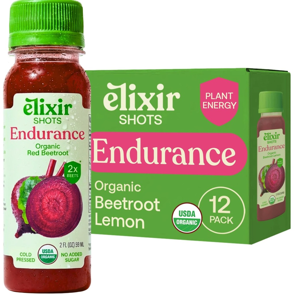 Elixir Shots, Endurance & Wellness Shot z Cold- Pressed 100% Składniki organiczne, Burak, Marchew, Seler, Lemon, Nie Dodano Cukry lub sztuczne Składniki, 12 Pack