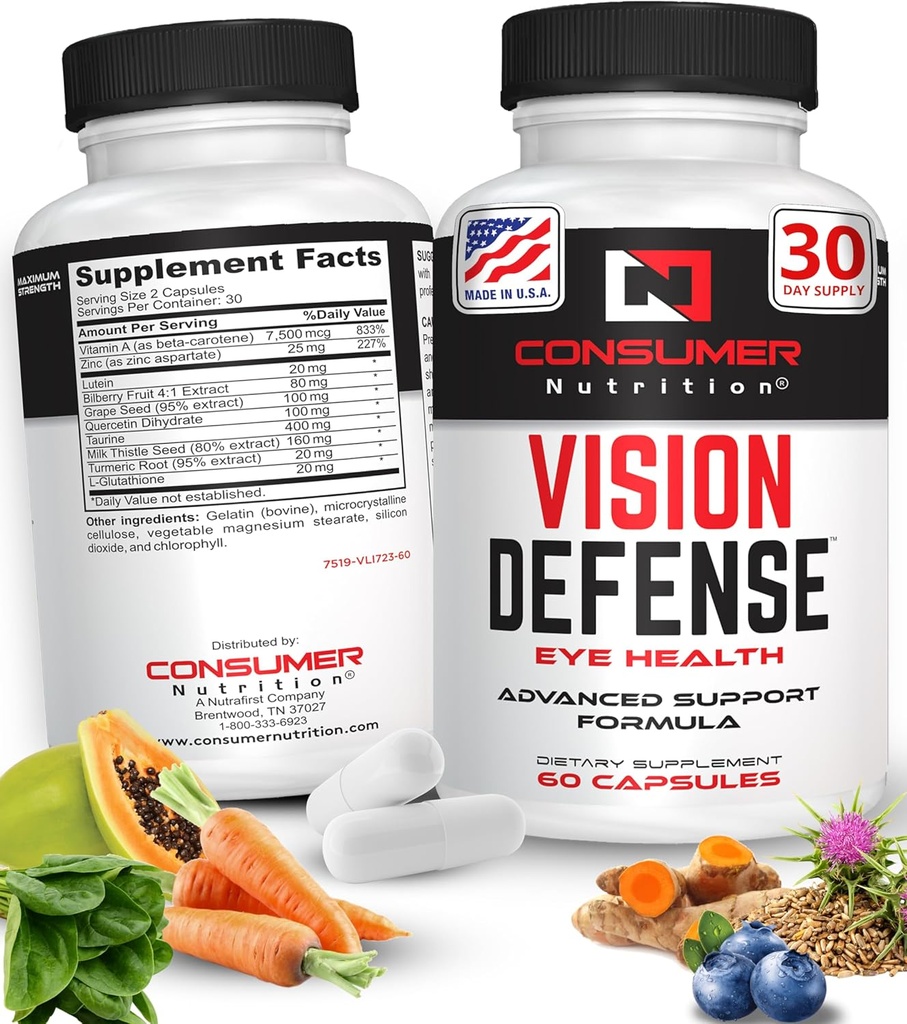 Eye Health Supplements for Adult - Wspiera i Chroni Eye Health z witaminą A, luteiną, tauryną, korzeniem turmerowym, ekstraktem z nasion winogron i cieśniną mleczną - Vision Defense 60 Ct