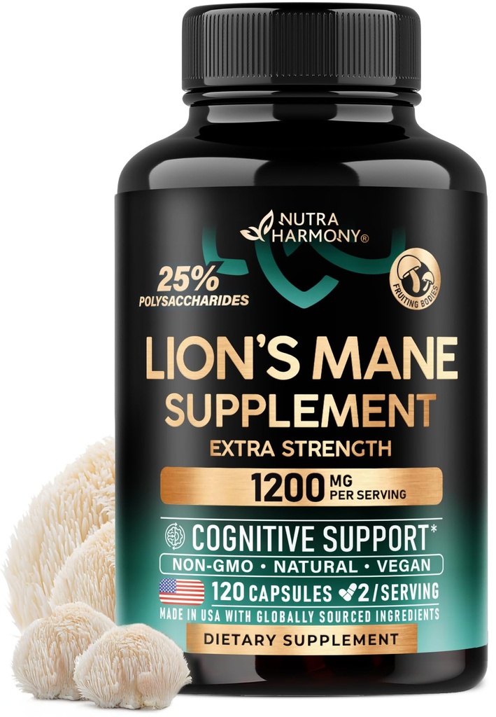 Lions Mane Supplement Kapsułki - Organic Lions Mane - Made in USA - Ekstrakt ciał owocowych - 1200 mg, 25% Polisacharydy - Memory & Focus Support - Jak Lions Powder - 120 Kapsułki, 2 Miesiąc dostaw
