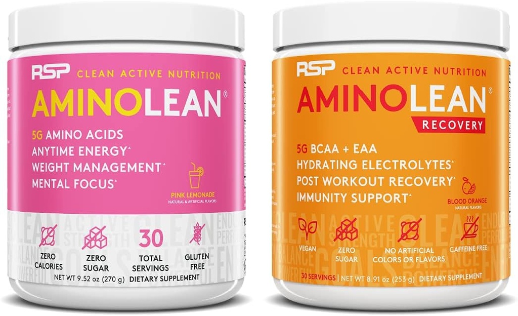 RSP NUTRITION AminoLean Pre Workout Energy (Różowa Lemoniada 30 Służenia) z AminoLean Recovery Post Workout Boost (Blood Orange 30 Służenia)