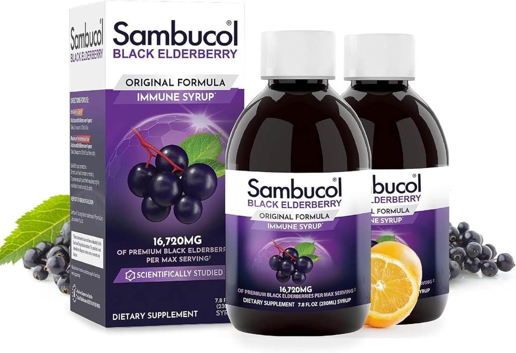 Sambucol Black Elderberry Syrop - Sambucus Syrop, Black Elderberry Płyn, Wsparcie immunologiczne dla dzieci i dorosłych, Wysokie przeciwutleniacze, Gluten Free - Oryginalna formuła, 7.8 Fl Oz, 2- Pack
