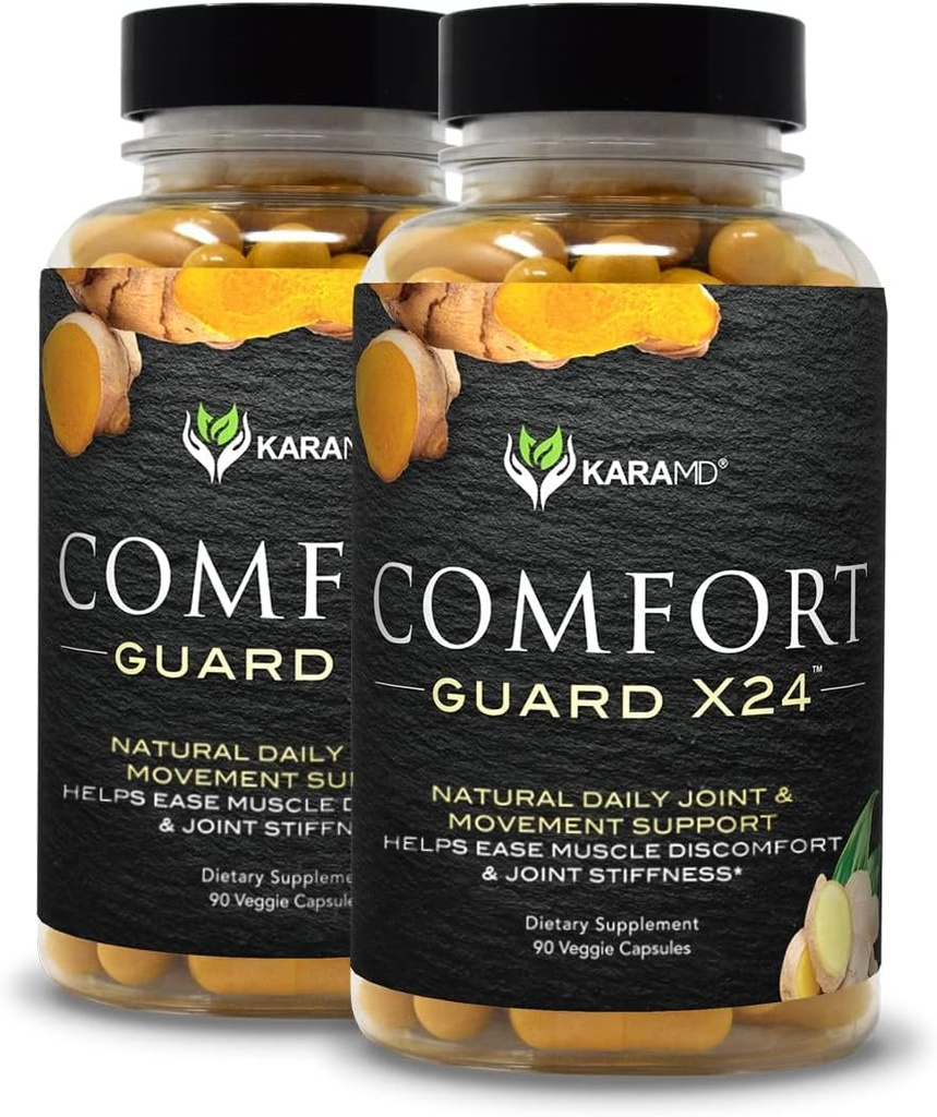 KaraMD Comfort Guard X24 X24 X4; Joint & Movement Support Supplement X124; Kurkumina turmerowa, Boswellia & Ginger X124; Łatwa dyskomfort mięśni i sztywność stawów 124; Non-GMO, Gluten Free & Vegan Friendly (2 Pack)