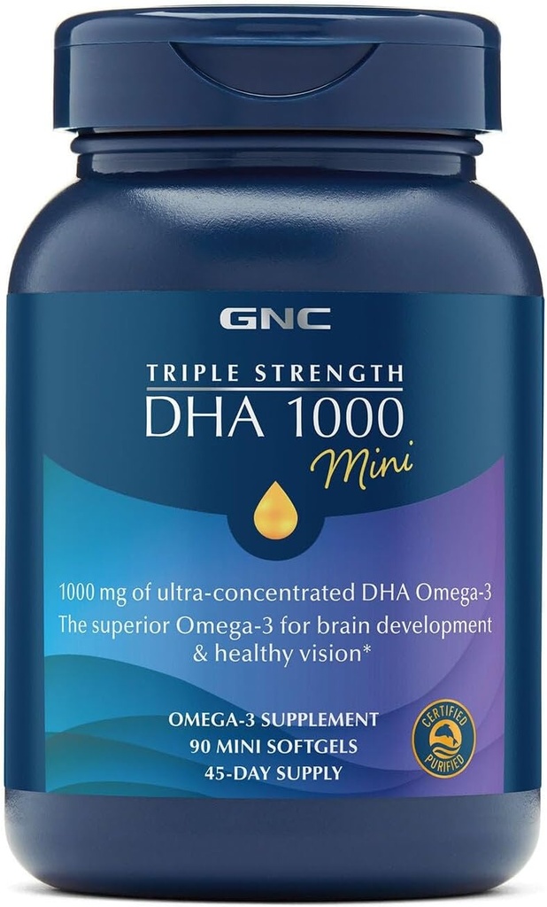 GNC Triple Strength DHA 1000 Mini Omega 3 Suplement, 1000mg, Ultra skoncentrowany, Wysoka potencja, Wspomaga rozwój mózgu i zdrowe widzenie, Burless, 90 Mini Softgels, 45 SVG, 45 Day Supply