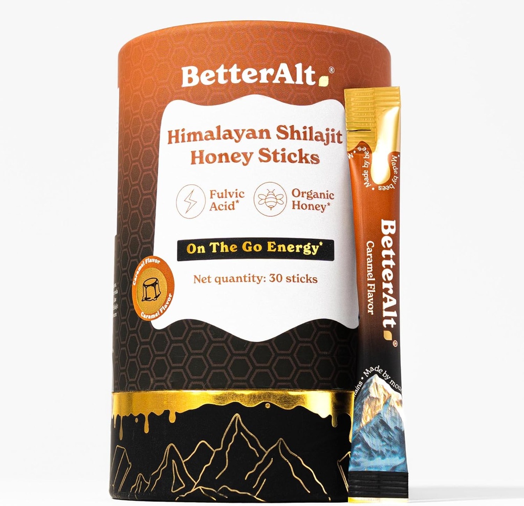 Lepszy Alt Pure Himalayan Shilajit Karmel Miód kleszcze z organicznym miodem 124; Łatwy do spożycia Shilajit 124; 30 Sticks for Energy Boost & Immune Support, 85 + Ślad Minerałów, 75% + Kwas Fulvic
