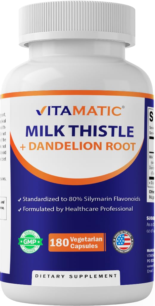 Mleko witamatyczne Thistle 50: 1 Ekstrakt 500mg, Dandelion Root 50: 1 Ekstrakt 100mg, 180 Kapsułki wegetariańskie, Non-GMO, Gluten Free