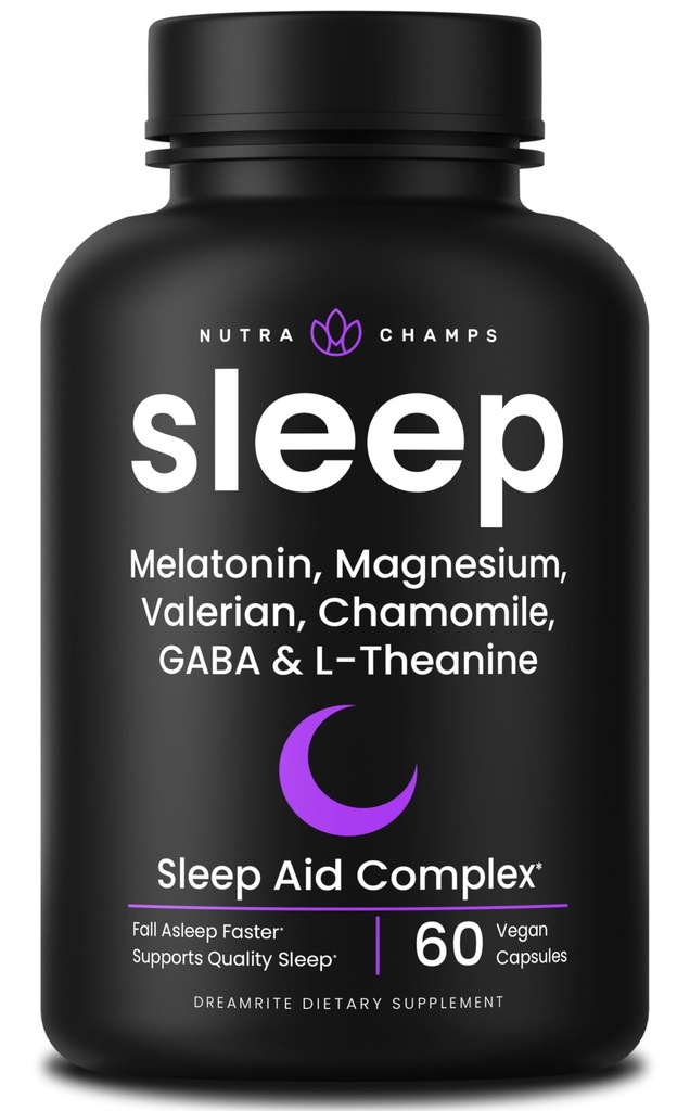 NutraChamps 10- in-1 Natural Sleep Aid for Adult - Melatonin, Lemon Balm 1000mg, Rumianek 400mg, Walerian Root 600mg, L Theanine, L Tryptofan, GABA, Magnezu Sleep Aid