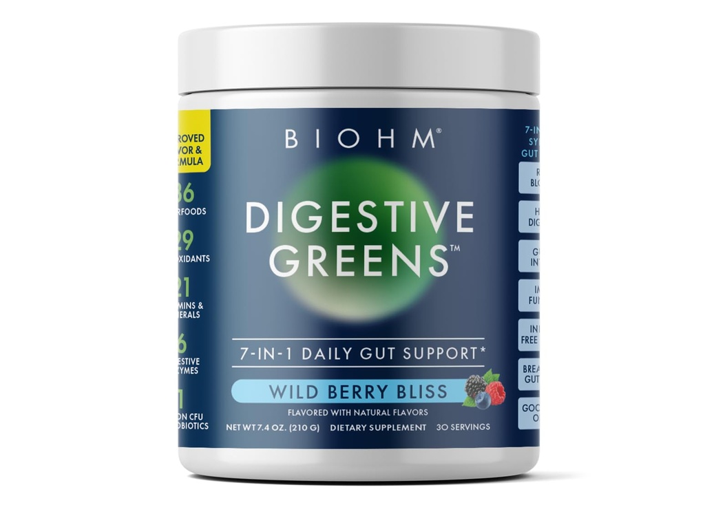 BiOHM Greene, Green Superfood Powder (7.4 Oz, 30 Służenia) Immune & Gut Wsparcie zdrowia z przeciwutleniaczami, Witaminy, Probiotyki i Enzymy, Dobre Źródło Fiber, Berry Flavor