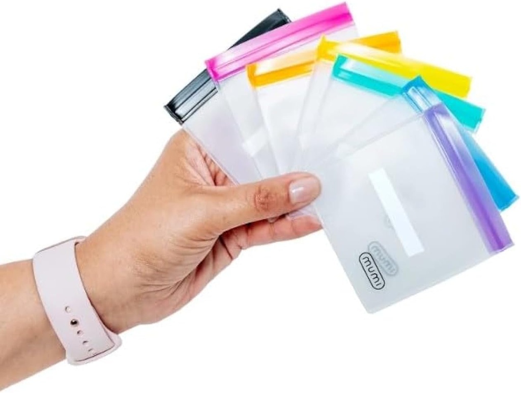 MUMI Mini Zipper Pouch Set - 7 małych jednorazowych przezroczystych zamków Zip Lock z napisanymi etykietami dla podróży, medycyny, makijażu, pigułek, małe kosmetyczne Pouches Organizator do torebki, Biuro, Magazynowanie tworzyw sztucznych