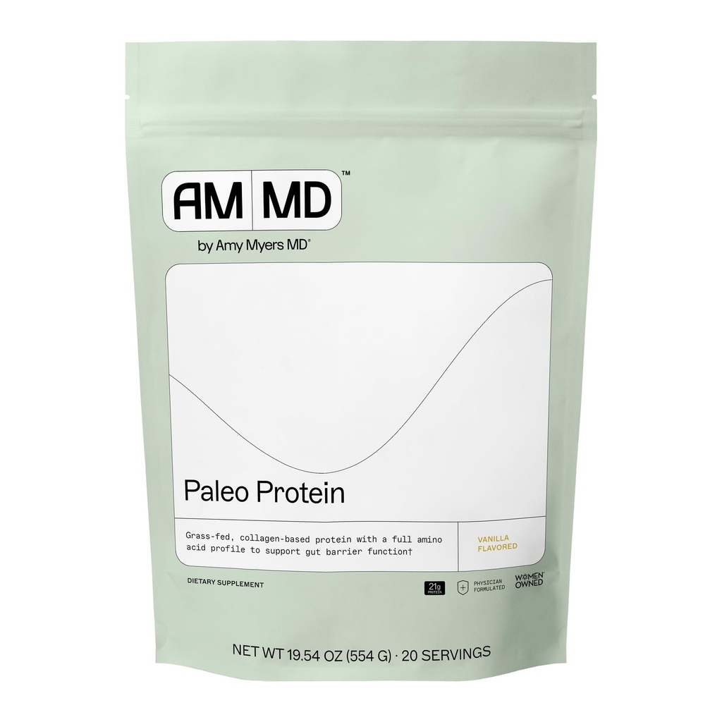 Amy Myers MD Paleo Protein Powder - z Collagen Peptydes for Gut Health - Wspiera włosy, skórę i paznokcie - Non-GMO, Gluten- Free, Non-Dairy & More - Vanilla Bean - 19.54 oz (20 Servings)