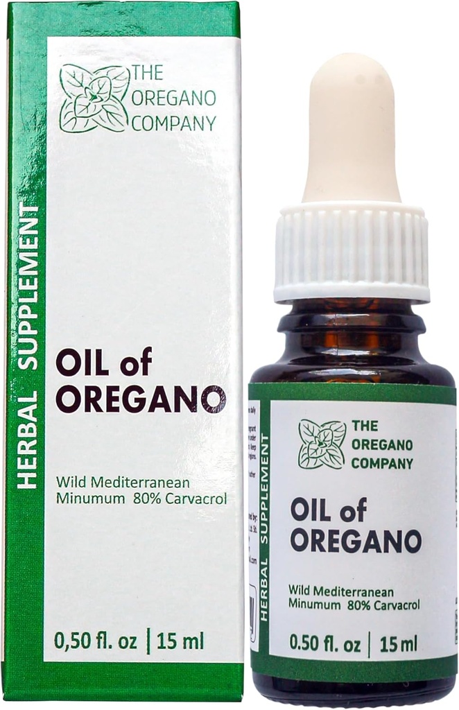 OREGANO COMPANY- Olej Oregano 0,50 fl. oz 15 ml Płyn, Krople, Wegan, Wegetarianin, Aceite De Oregano, Suplementy klasy żywności jadalnej, Wysoka naturalna moc Carvacrol, Dziki Oregano ekstrakt oleju nalewka
