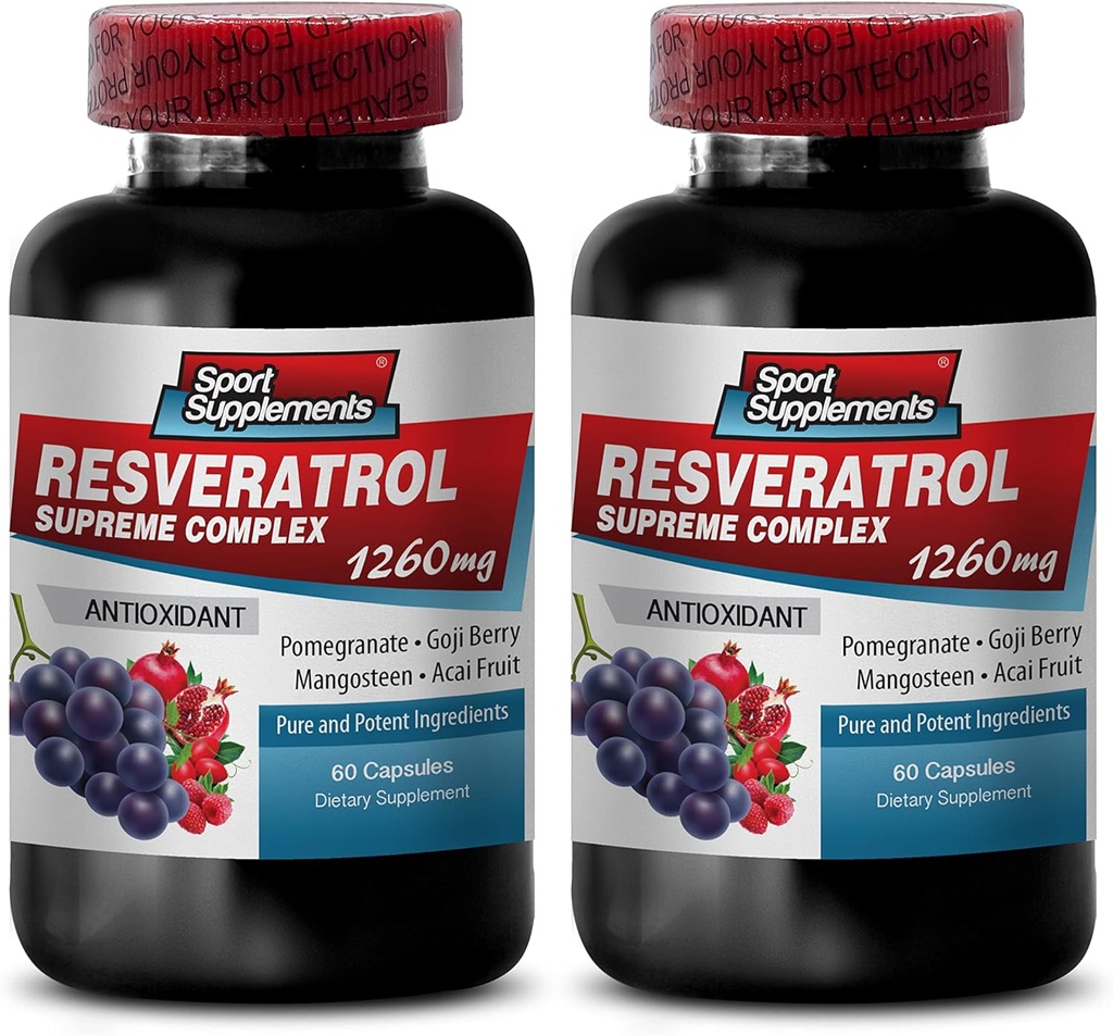 Resveratrol Supreme 1200mg Maksymalna moc Plus 1200 Red Wine Supplements, resweratrol Suplement czerwone wino, resweratrol przeciwutleniacz, czerwony Wine Extract z resweratrol, czerwony Wine Grape Seed 2 Butelki