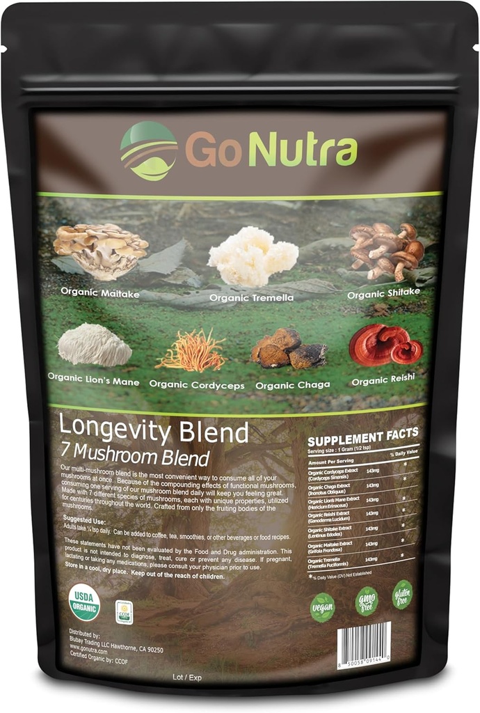 Go Nutra - Organic 7 Mushroom Supplement, Longevity Mushroom Powder with Lion’s Mane, Chaga, Shiitake, Maitake, Reishi, Tremella, and Cordyceps Mushroom, Non-GMO, Gluten-Free, Vegan, 4 oz