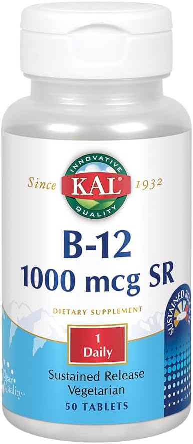 KAL B- 12 1000 µg Trwałe uwalnianie 124; Zdrowe Metabolizm, Energia, Nerwy i Czerwone Krwinki Wsparcie 124; Wegetariańskie 124; Laboratorium zweryfikowane 124; 50 Tabletki
