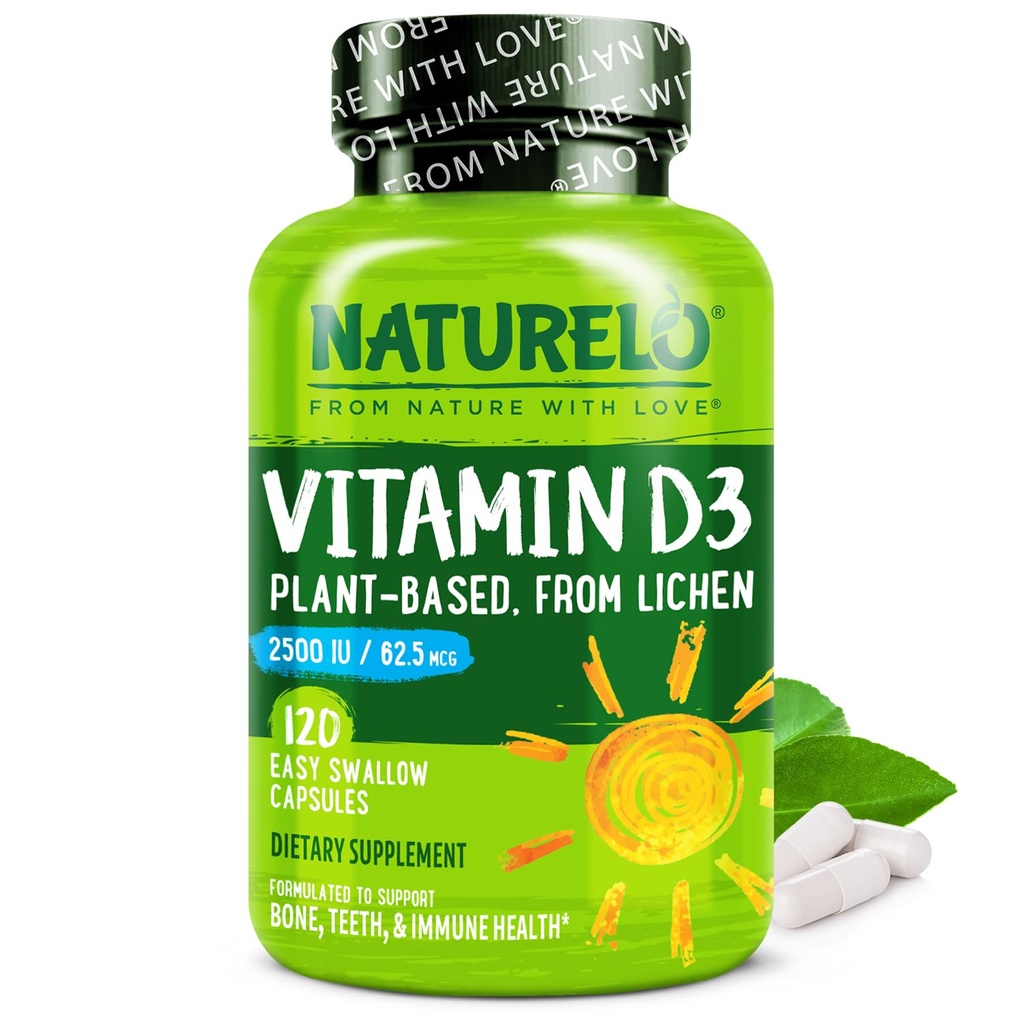 NATURELO Witamina D - 2500 IU - Roślina oparta na Lichen - Naturalny suplement D3 dla układu immunologicznego, Wsparcie dla kości, Joint Health - Vegan - Non-GMO - Gluten Free - 120 Kapsułki