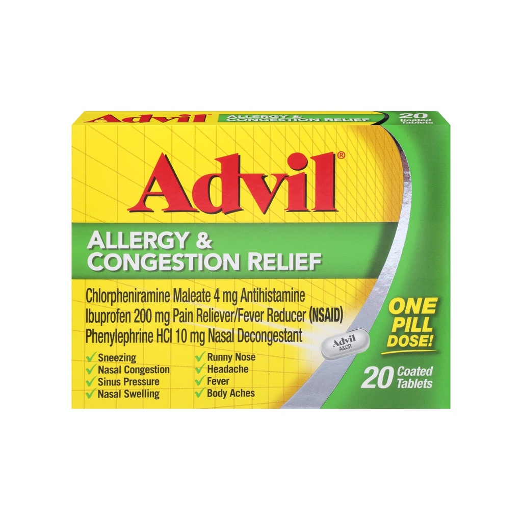 Advil Alergy and Congestion Relief Tablets, Pain Reliever, Fever Reducer and Alergy Relief with Ibuprofen, Fenylephrine HCl and Chlorfeniramine Maleate 4 mg - 20 Tabletki powlekane
