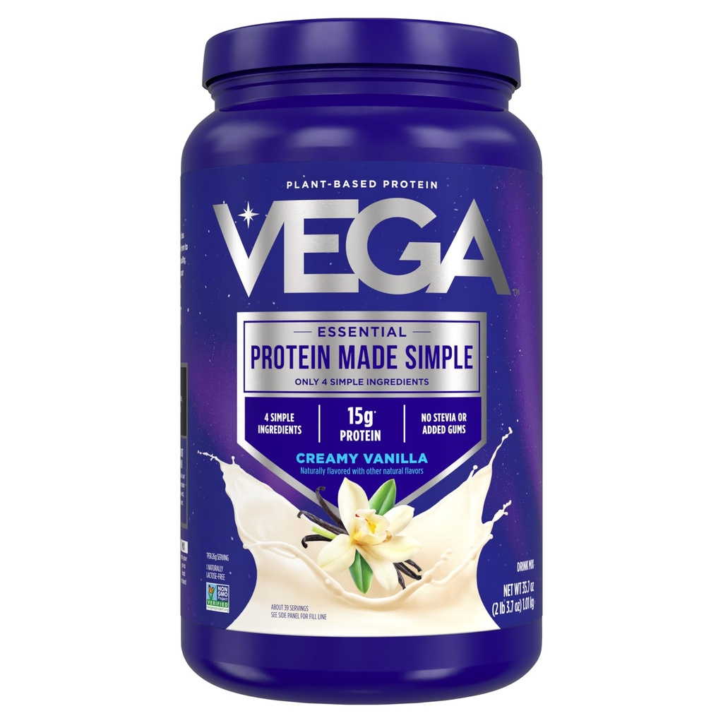 Vega Protein Made Simple Protein Powder, Vanilla - Stevia Free, Wegan, Roślina oparta, Zdrowe, Gluten Free, Pea Protein for Women and Men, 2,2 funtów (Opakowania May Vary)