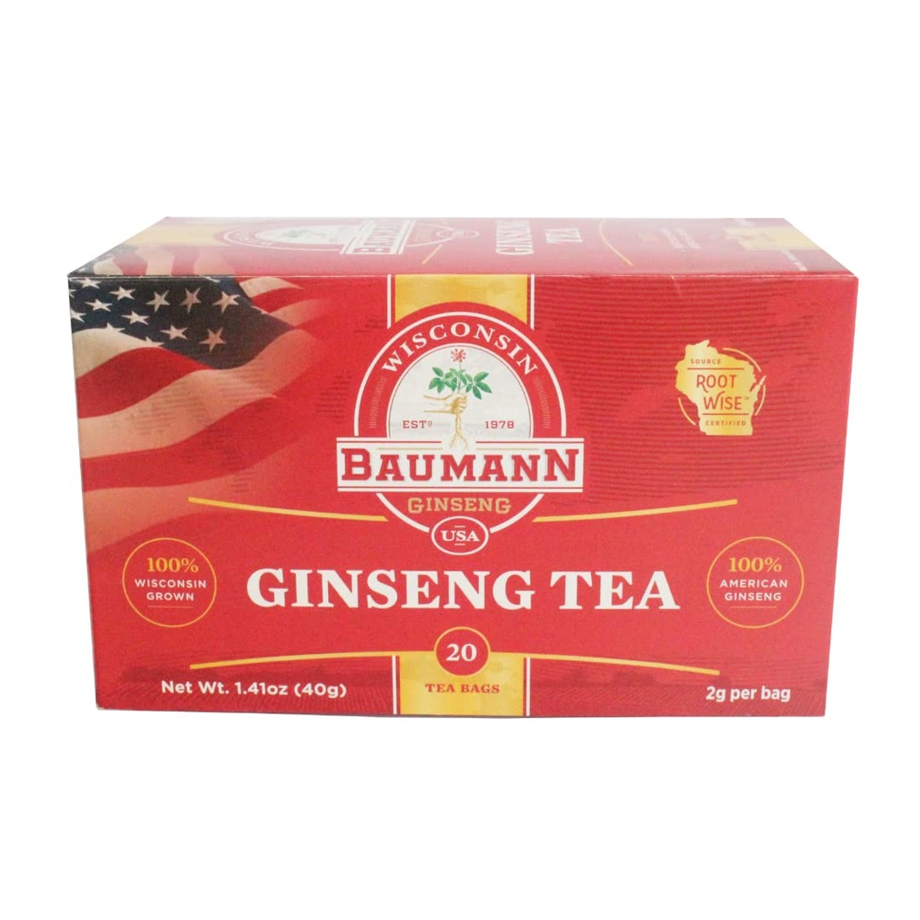 Baumann Premium American Ginseng Tea Bags (20 Tea Bags) - Autentyczne Panax Wisconsin Ginseng Herbal Panax Ginseng Herbal - Zdrowa zielona herbata z antyoksydantem Ginsenozydy dla Ulepszony Focus & Energia
