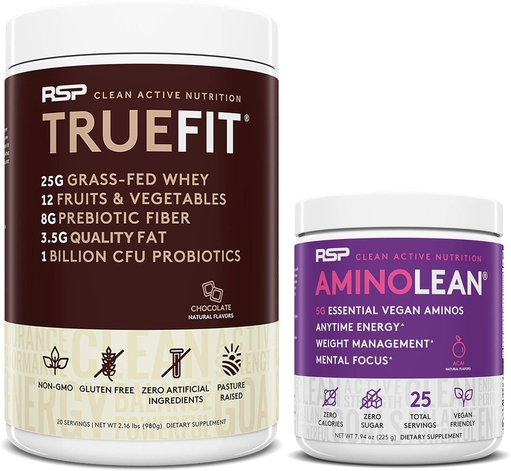 RSP NUTRITION Vegan AminoLean Pre Workout Energy (Acai 25 Służenia) z proszku protein TrueFit (Czekolada 2 LB)