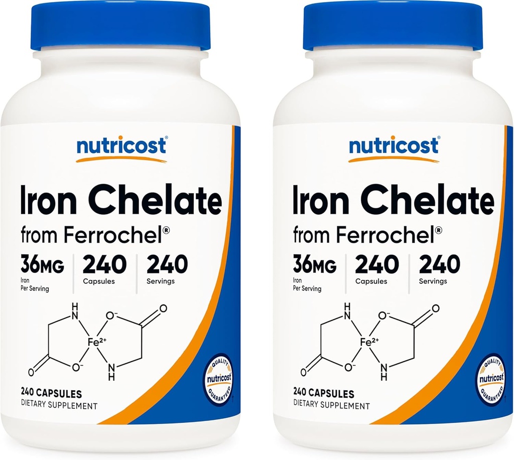 Nutricost Żelazo chelatowane, jako Ferrochel, 36 mg, 240 Kapsułek (2 butelki)