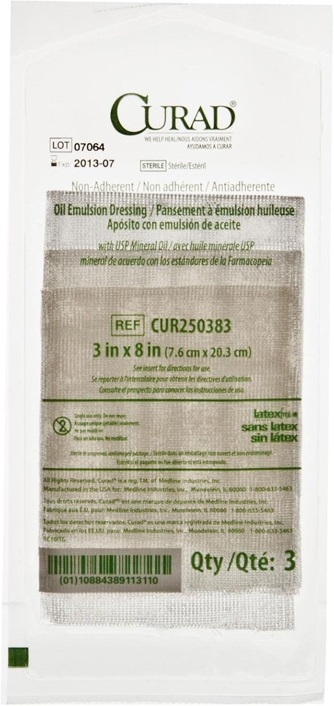 CURAD Sterylny Non-Adherent Olej Gaza Emulsja ubieranie, 3 "x 8", Idealny do pielęgnacji rany, Opakowanie 648