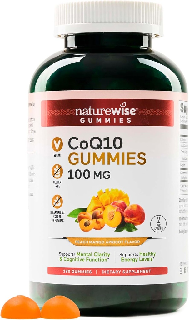 NatureWise CoQ10 Gummies 100mg - Peach Mango Flavor - Supplement for Heart Health & Antioksydant Activity - Pectin- based, Vegan, Soy and gluten Free, Non-GMO - 180 Count [3- Month Supply]
