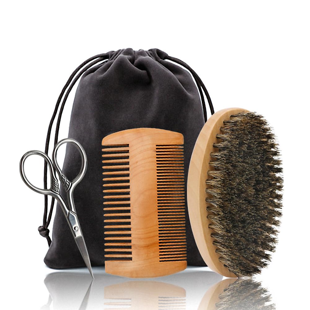 Hair Dugh Beard Brush & Comb ch, Nożyczki Zestaw dla mężczyzn, Zestaw zawiera miękkie Boar Bristle Brush, Bamboo Szeroki Tooth Comb, i Mustache przycinanie nożyce, Proste i miękkie Twój broda