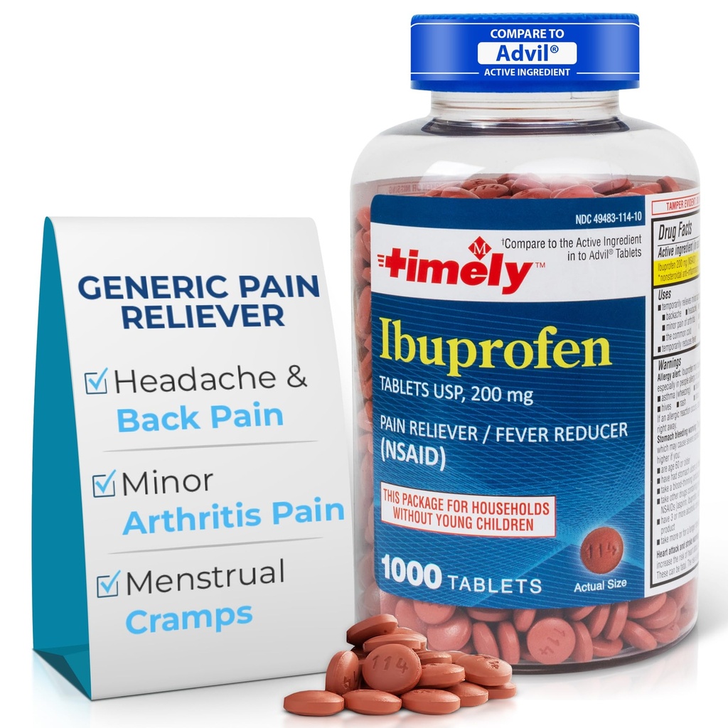 LABS TYME- CAP, INC. Timely Ibuprofen 200mg 1000 Tablets - Tabletki przeciwbólowe i reduktor gorączki - dla łagodzenia bólu głowy, bólu menstruacyjnego, zębów Aches, mięśni, zapalenie stawów Ból i ciała Aches